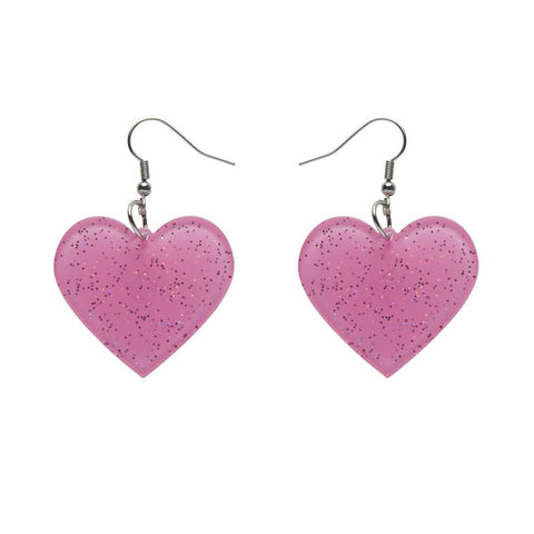 pair 1 3/8" heart shaped dangle earrings in glitter pink 100% Acrylic resin
