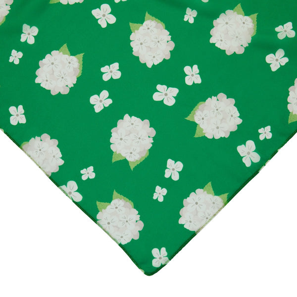 27" square semi-sheer kelly green background with white "Heartfelt Hydrangea" allover floral print scarf, shown close up