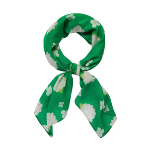 27" square semi-sheer kelly green background with white "Heartfelt Hydrangea" allover floral print scarf