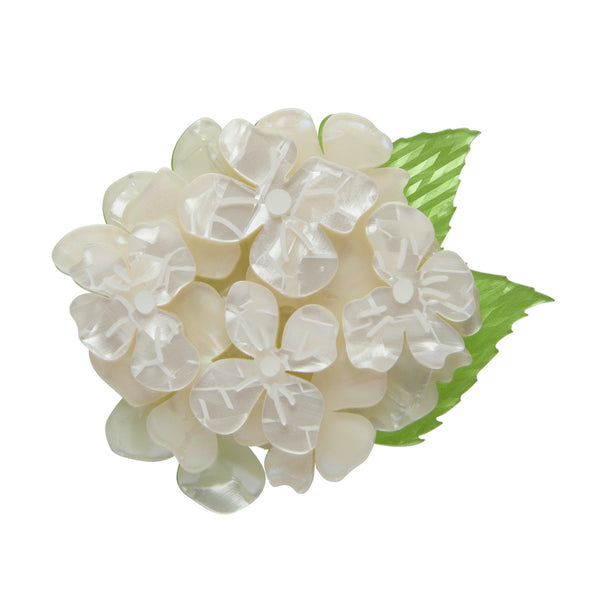2 1/2" "Heartfelt Hydrangea" multi tone creamy white blooms green leaves layered resin brooch pin