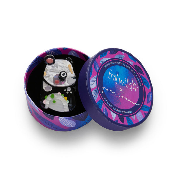 artist Pete Cromer x Erstwilder Wildlife Collaboration Collection "The Patient Panda" black and white layered resin mini brooch, shown in illustrated round box packaging