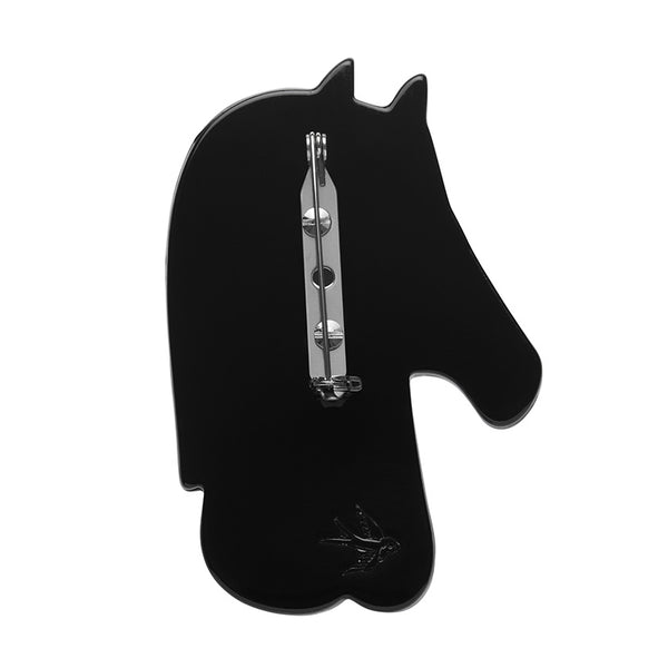 artist Pete Cromer x Erstwilder Wildlife Collaboration Collection "The Zealous Zebra" black, white, and blue layered resin brooch, showing solid black back view