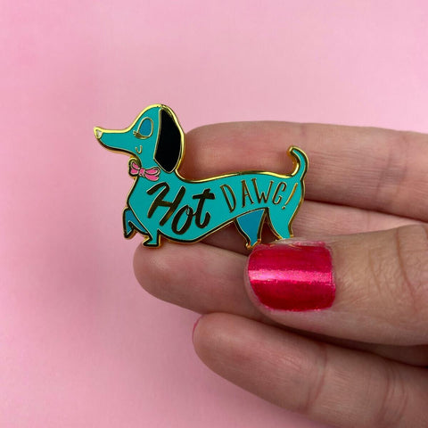 "Hot Dawg!" text turquoise dachshund enameled gold metal clutch back pin