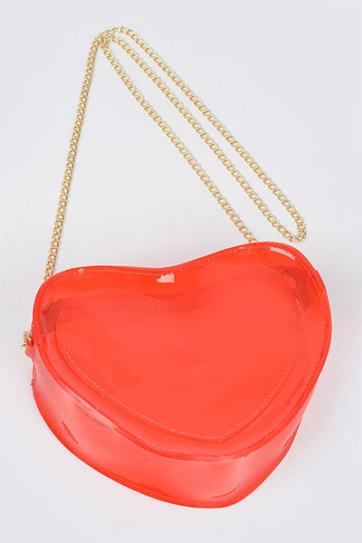 Clear red vinyl red-shaped purse with zip closure and detachable gold metal chain cross-body strap