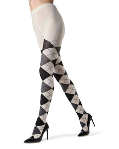 sweater knit tights in a creamy winter white background argyle pattern with black, grey, and purple, shown on model