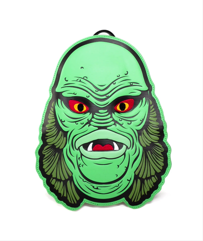 Black faux leather back pack with a embossed printed green Creature from The Black Lagoon face shaped front featuring intense red embroidered eyes and tongue