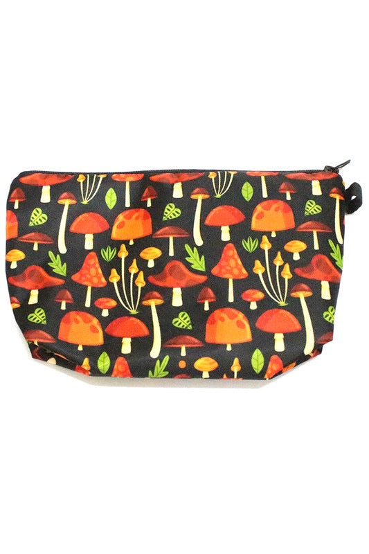  zippered pouch with a delightfully colorful sprouting toadstool mushroom print in shades of orange on a black background.