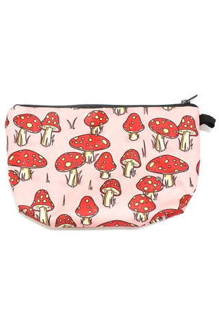zippered pouch with a red and white spotted toadstool mushroom print on a sweet light pink background