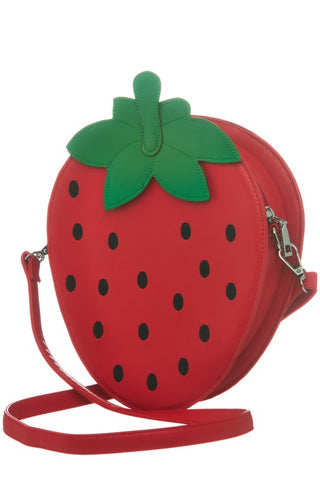 faux leather strawberry-shaped novelty purse with a matching removable shoulder strap. Seen at a 3/4 angle to show removable strap and zipper closure