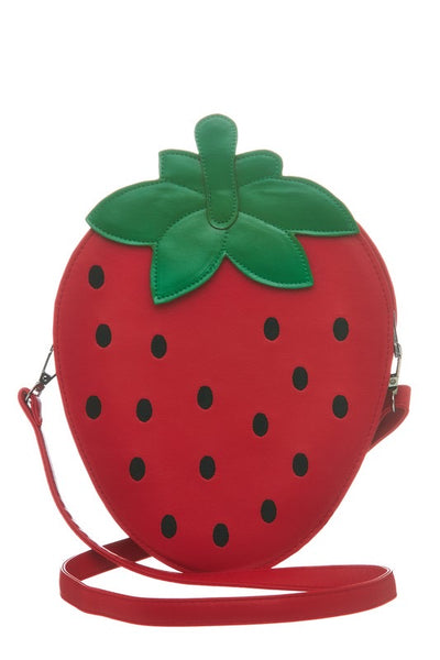 faux leather strawberry-shaped novelty purse with a matching removable shoulder strap. Seen from front