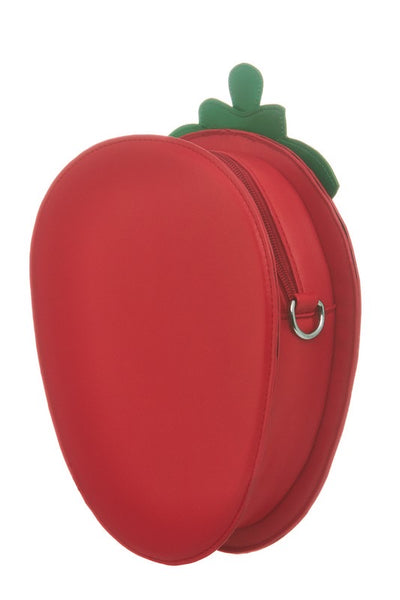 faux leather strawberry-shaped novelty purse with a matching removable shoulder strap. Seen from back