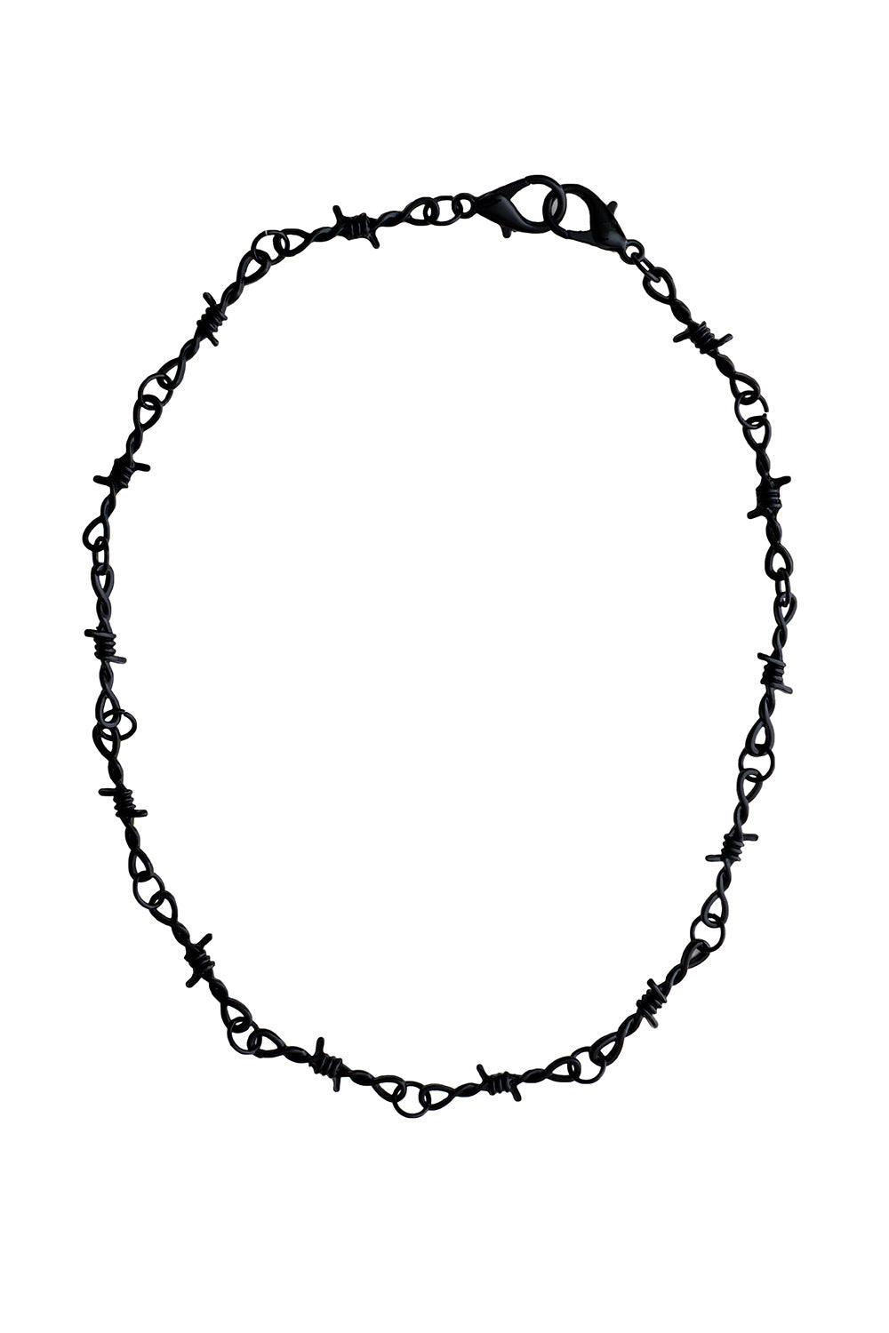 20” long  linked (not sharp!) necklace made of 1 1/4” pieces of barbed wire in shiny black enamel. 