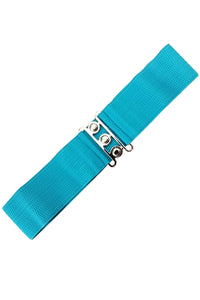 elastic waist belt in a bright teal color with a vintage-inspired three circle silver metal buckle