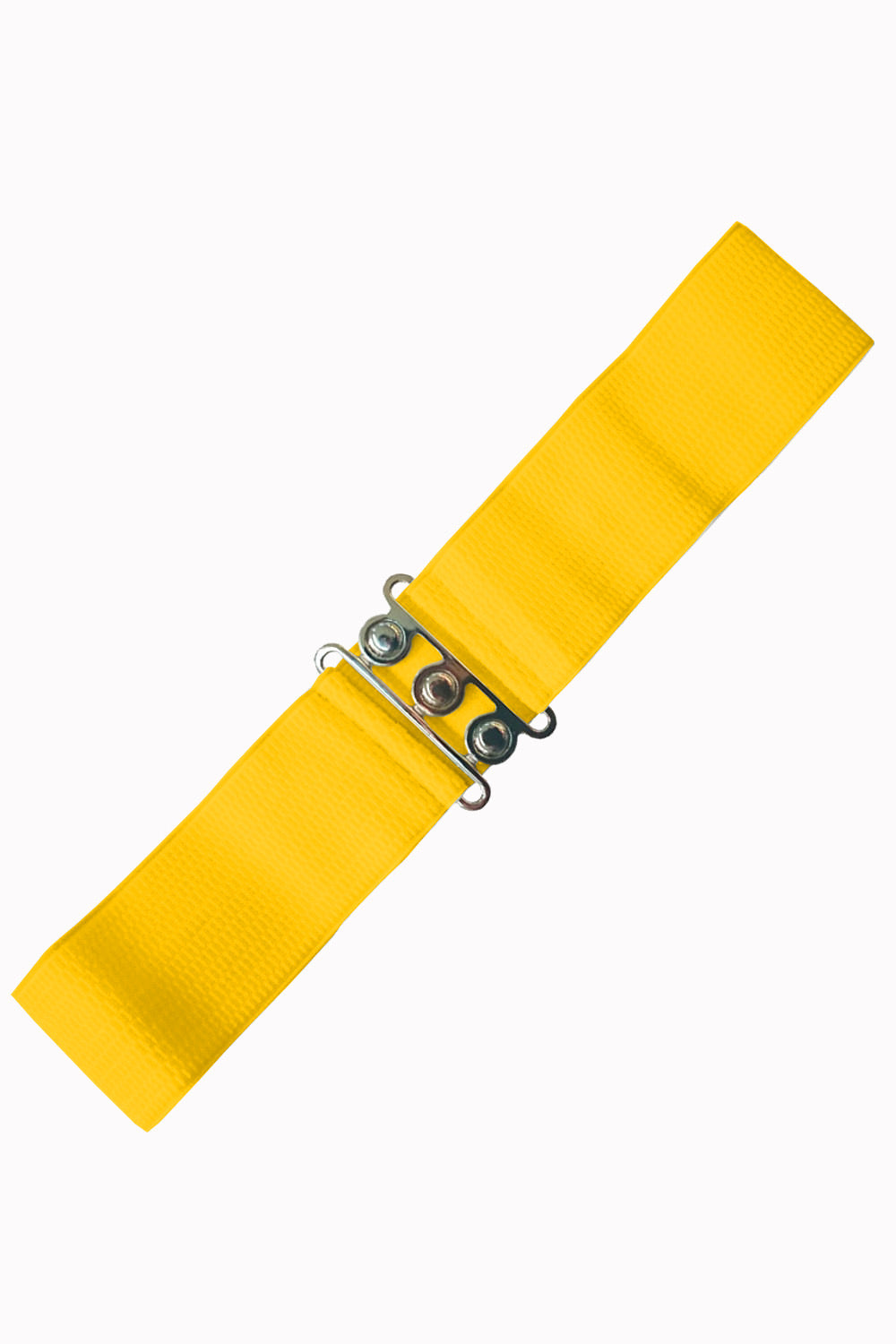 elastic waist belt in a bright yellow color with a vintage-inspired three circle silver metal buckle