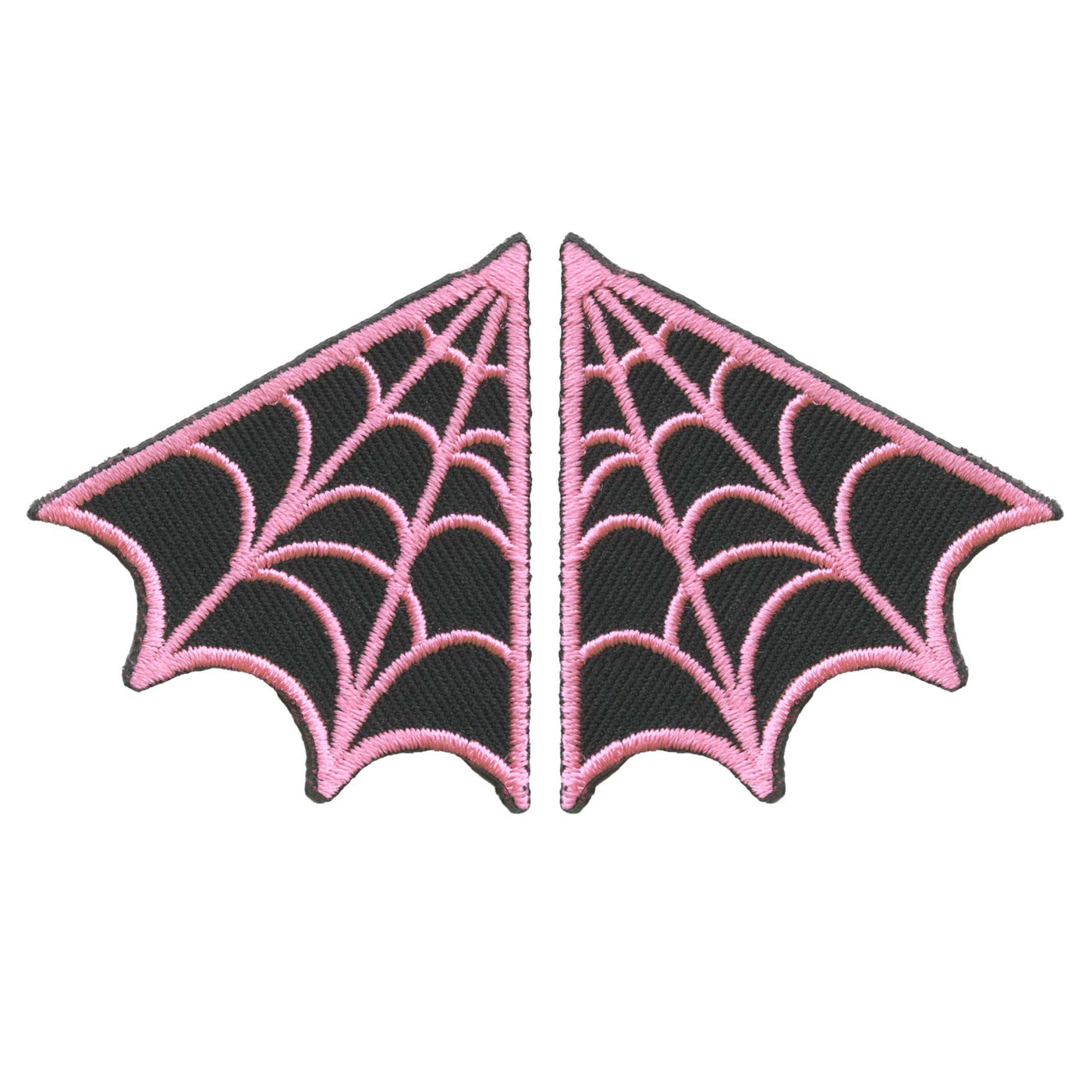 set of two black and pink embroidered pointed spiderwebs in opposing design 