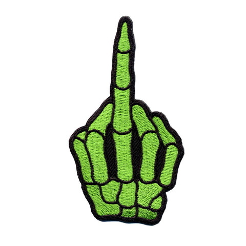 Neon green skeleton hand with a raised middle finger embroidered patch