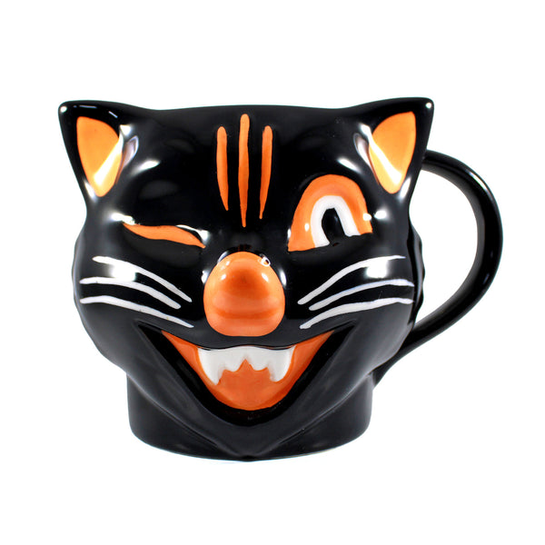 Vintage Halloween deco inspired winking Black Cat figural ceramic mug