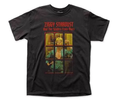 Black men's sizing t-shirt featuring David Bowie's The Rise and Fall of Ziggy Stardust and the Spiders from Mars album back cover image, shown flatlay