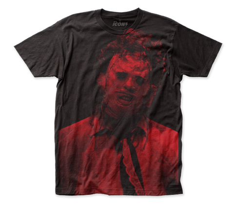 Giant image of The Texas Chainsaw Massacre's Leatherface in bloody red on a men's black 100% cotton short sleeve t-shirt, shown flatlay