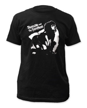 "Siouxsie and the Banshees" text and hands & knees portrait black & white screenprinted men's fitted black cotton t-shirt