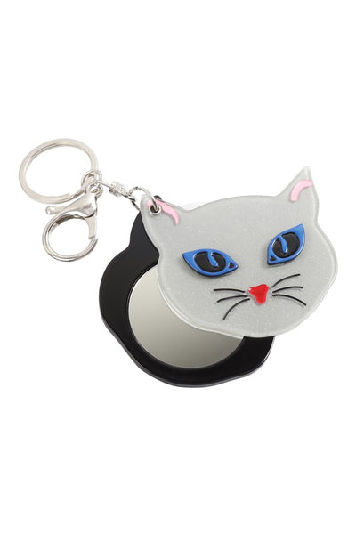 Glittery grey resin blue-eyed kitty face keychain that slides open to reveal a mirror