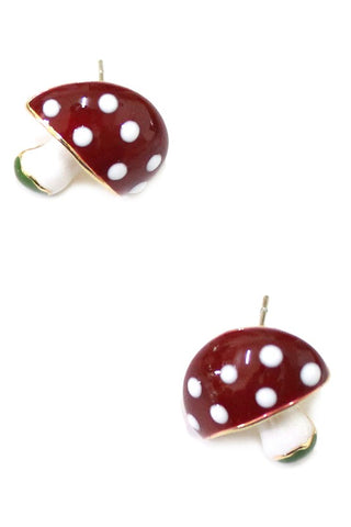 pair burgundy, white, and green enameled gold metal 5/8" toadstool mushroom post earrings