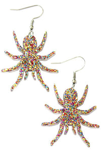 pair 1 5/8" clear laser-cut acrylic spider dangle earrings finished with a top layer of multi-color (pink, gold, red, and turquoise) glitter