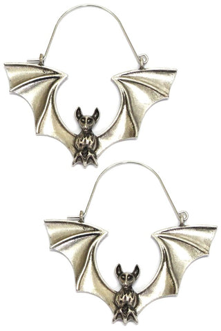 pair silver metal bat with outstretched wings hoop earrings