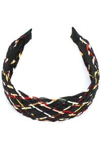 2 1/8" wide headband in a classic plaid pattern created by weaving black organza and narrow multi-color satin ribbons