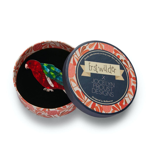 Erstwilder x Jocelyn Proust Collaboration Collection "King of the Coast" green and red male King Parrot bird layered resin brooch