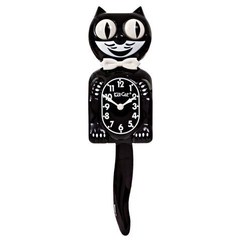 black & white Kit-Cat wall mount clock features a mischievous grin, and big round eyes that swivel side-to-side in time with its pendulum tail 