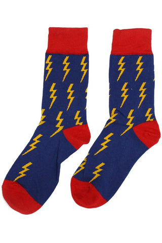 pair blue cotton knit socks with red toe, heel, and top band with allover yellow lightning bolts pattern