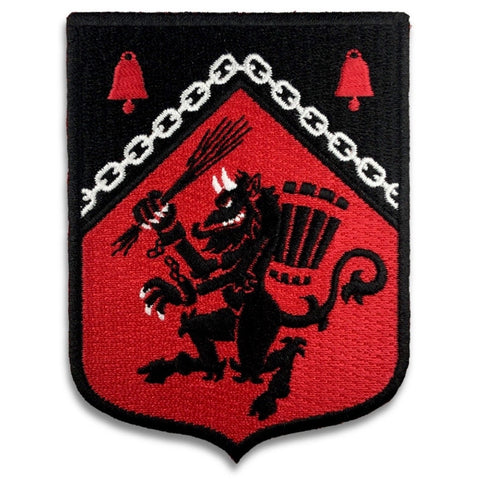 3 7/8" Krampus Rampant Heraldic Shield black, red, white embroidered iron or sew on patch