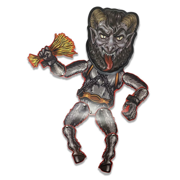 retro-style Cruddy Christmas "Krampus" the Chrismas Devil " 7" tall ready-to-hang Vac-tastic plastic decor mask and 18" tall jointed cardstock figure, shown combined on display