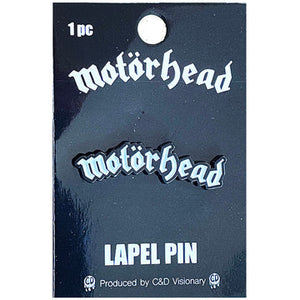 Motörhead’s Old English style logo white enameled black metal clutch back lapel pin, shown on illustrated backer card packaging