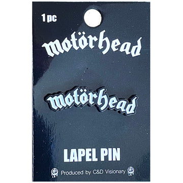 Motörhead’s Old English style logo white enameled black metal clutch back lapel pin, shown on illustrated backer card packaging