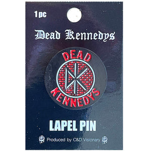 Dead Kennedys brick logo white and red enameled black metal clutch back lapel pin, shown on illustrated backer card packaging