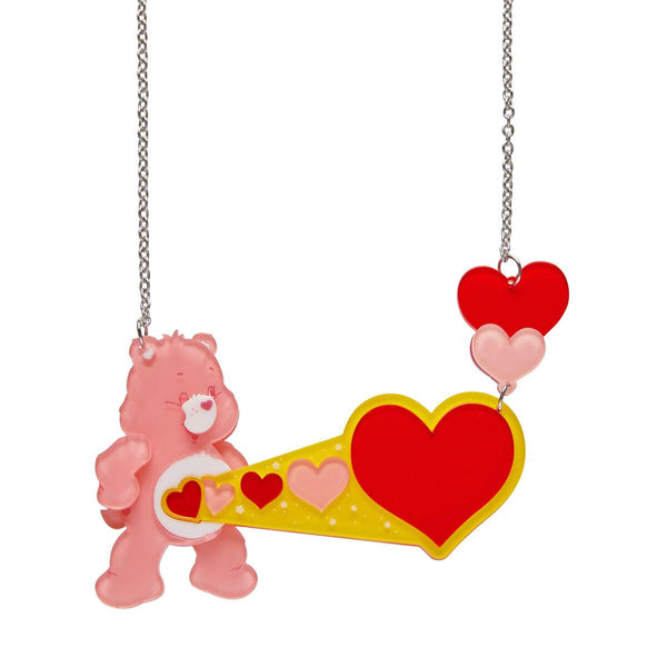 Care Bears Collection "Lots of Love" pink bear radiating increasing size red and pink hearts pendant necklace on adjustable silver metal chain
