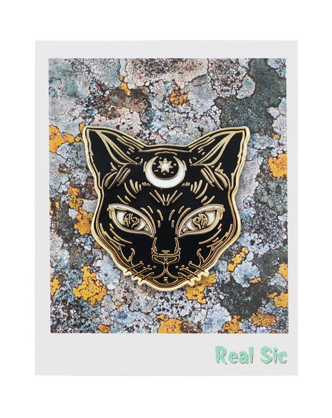 black cat face with white crescent moon on forehead enameled gold metal clutch back pin, shown on backer card packaging