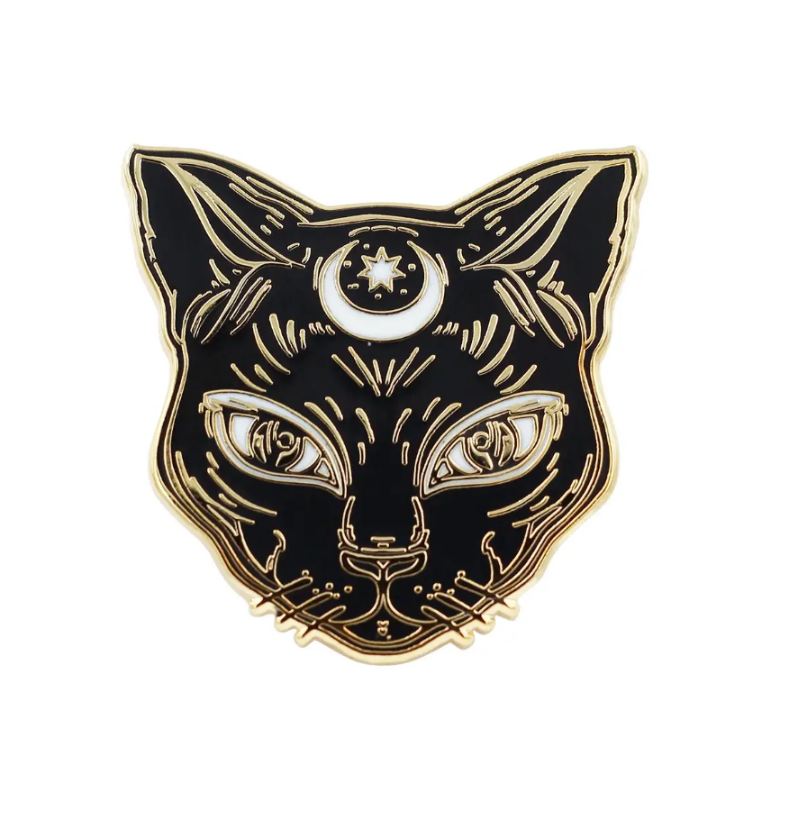 black cat face with white crescent moon on forehead enameled gold metal clutch back pin