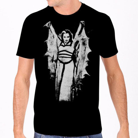 Basic men's black tee featuring a white screenprinted image of Yvonne De Carlo as 60s TV mom, Lily Munster, shown on model
