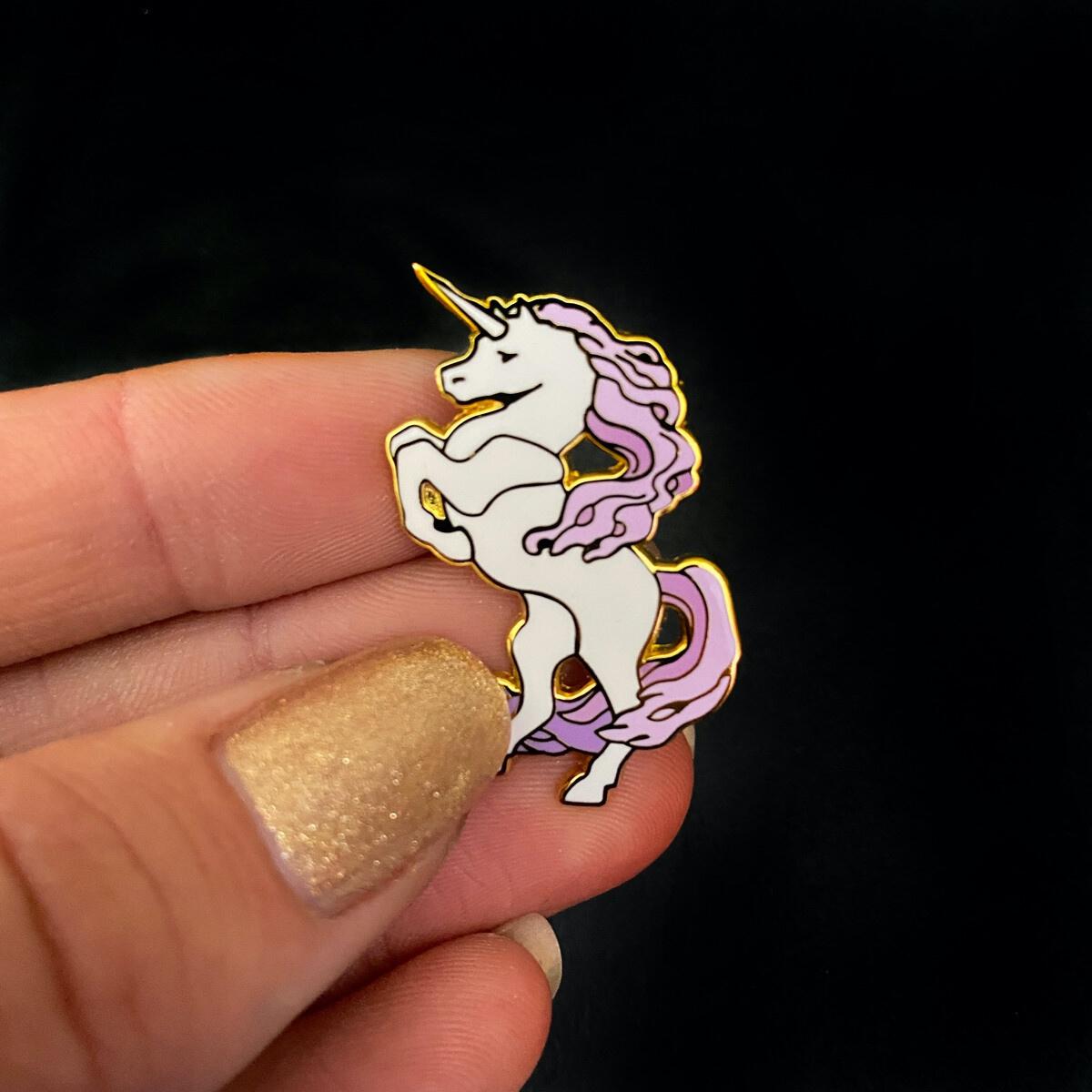 Art Nouveau Collection "Majesty & Myth" rearing white unicorn enameled gold metal clutch back pin