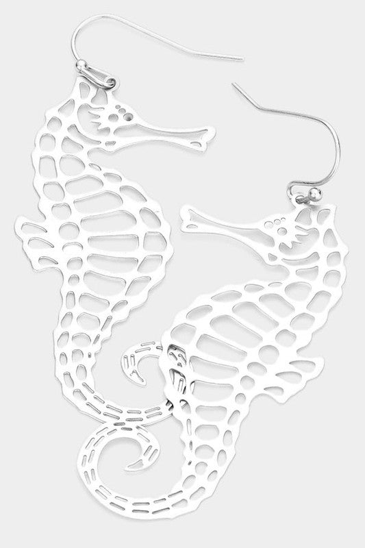 pair cut-out design silver metal seahorse dangle earrings