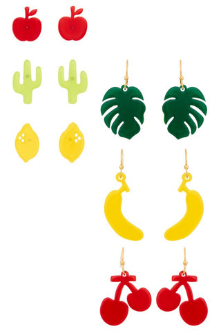 six pairs assortment fruit & plant shapes translucent laser-cut acrylic earrings. red Apple, green Cactus, and yellow Lemon pairs are post, green Monstera Leaf, yellow Banana, and red Cherries pairs are dangle