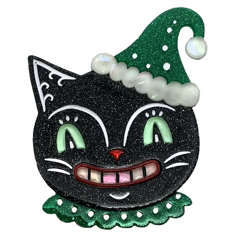 "Mini Chrismaween Cat" smiling face glitter black cat head in a green Santa hat layered laser cut resin brooch