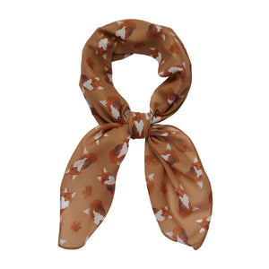 27" square semi-sheer light brown background "Mini Mulder" allover fox and leaf print scarf