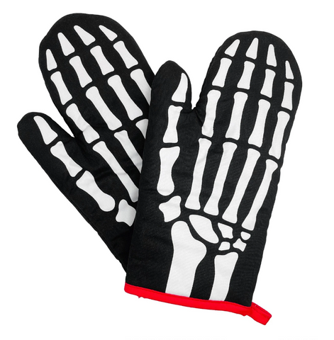quilted oven mitt set in black with white "Miss Bones" skeleton hand print with red trim