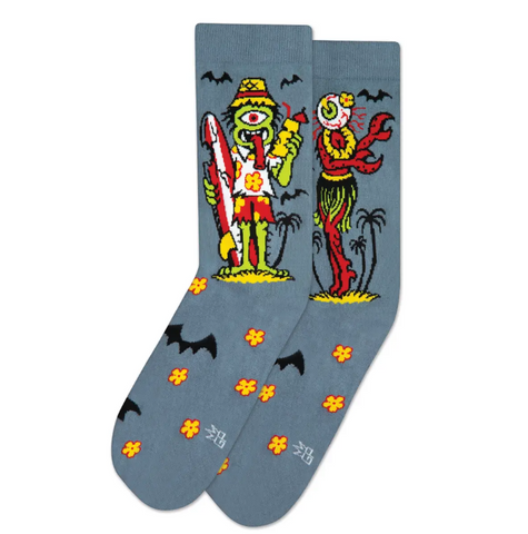 pair grey background monsters dressed for beach holiday crew length socks