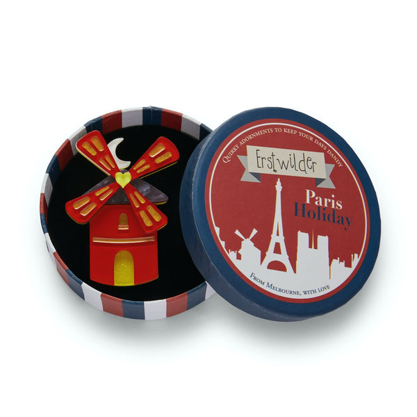 Paris Holiday Collection "Montmartre Monument" layered resin Moulin Rouge brooch, shown in illustrated round box packaging