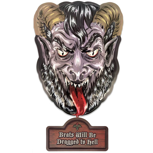 19" tall Hollydaze glitter-y grey "Moonlight Krampus" face vacu-form plastic wall decor and "Brats Will Be Dragged to hell" plaque